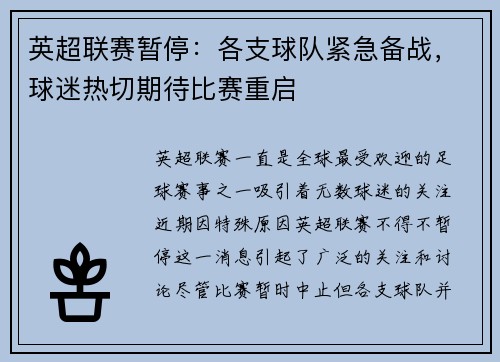 英超联赛暂停：各支球队紧急备战，球迷热切期待比赛重启